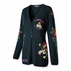 Ed Hardy  Christian Audigier V-Neck Knit Sweater Rhinestone Hearts L Love Kills